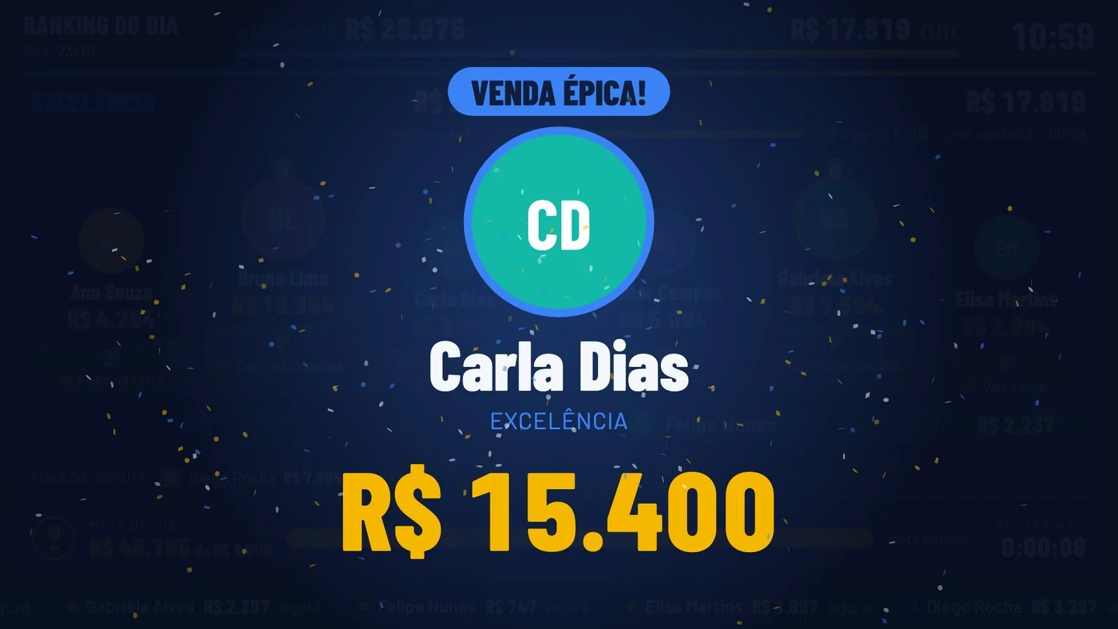 Comemoração de venda épica: Carla Dias, do time Excelência, R$ 15.400, com confete.